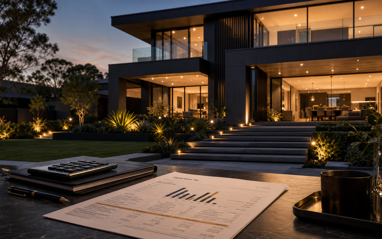 Luxury Australian home at dusk for premium CGT valuation evidence