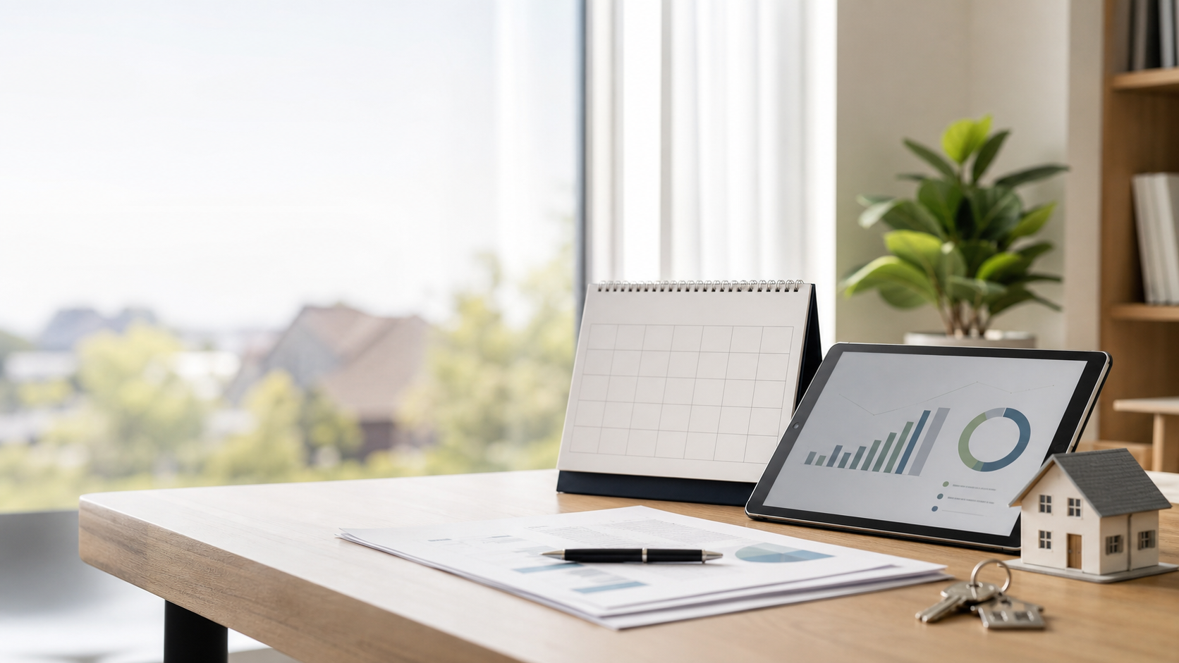 Property capital gains tax valuation desk with market chart, residential property model and keys